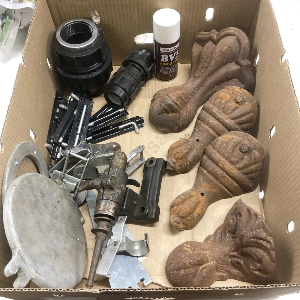 Box Lot Pipe Fittings, Bath Claw Feet, BV2 Fumigator, Hardware, Etc Image 1++