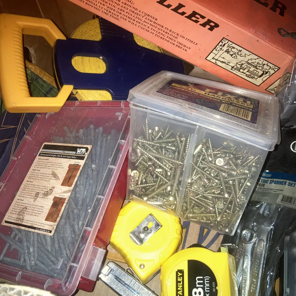 Box Lot 1Ton Cable Puller, Measuring Tapes, Nails, Screws, Drill Bits, Spanners, Hex Keys Etc Image 1++