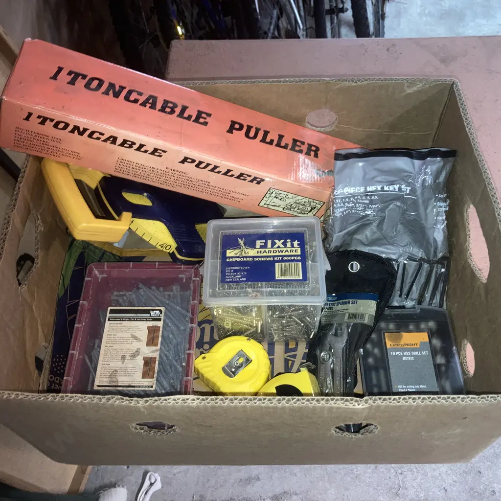 Box Lot 1Ton Cable Puller, Measuring Tapes, Nails, Screws, Drill Bits, Spanners, Hex Keys Etc Image 1++
