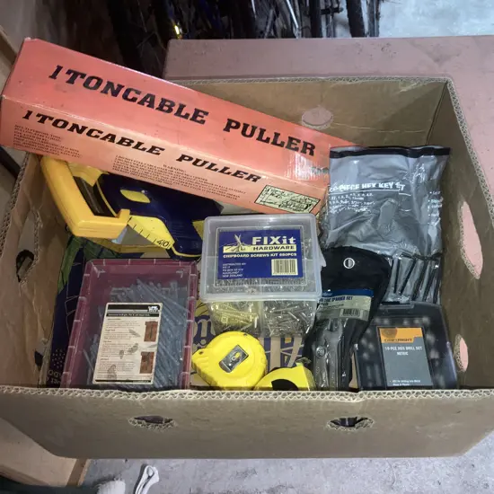Box Lot 1Ton Cable Puller, Measuring Tapes, Nails, Screws, Drill Bits, Spanners, Hex Keys Etc