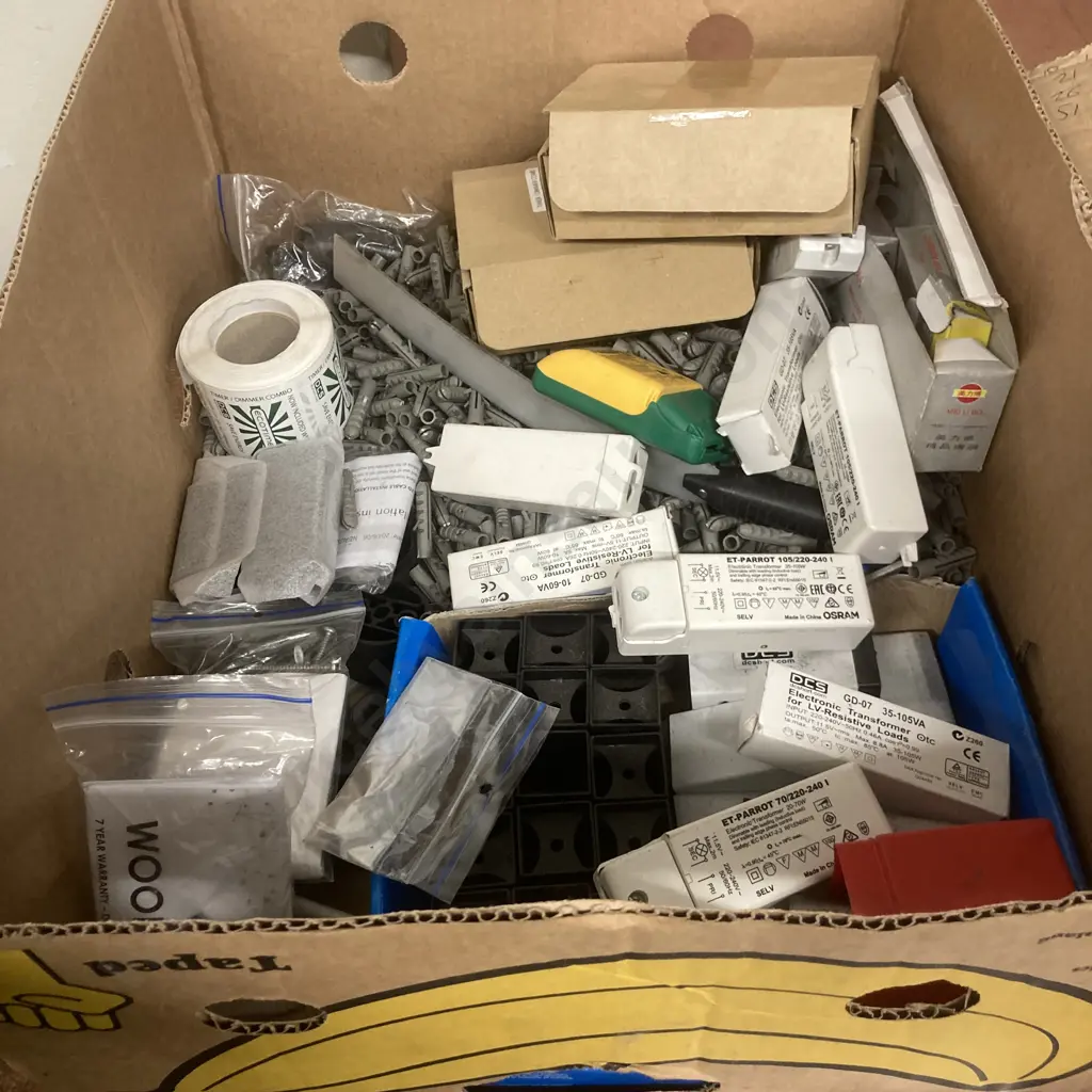 Box lot EcoTimer & Assorted Transformers, Electrical Sundries, Carbon Brushes Etc & Box of Osram ET-Parrot Transformers Image 1++