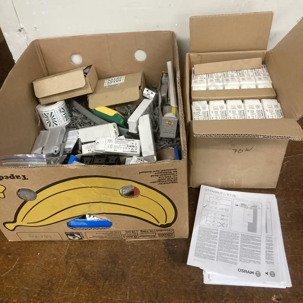 Box lot EcoTimer & Assorted Transformers, Electrical Sundries, Carbon Brushes Etc & Box of Osram ET-Parrot Transformers Image 1++
