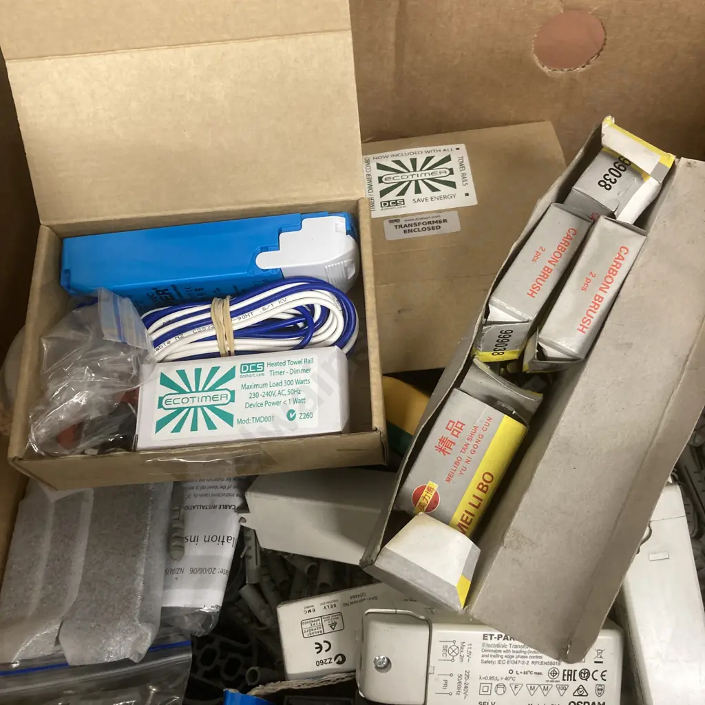Box lot EcoTimer & Assorted Transformers, Electrical Sundries, Carbon Brushes Etc & Box of Osram ET-Parrot Transformers Image 1++