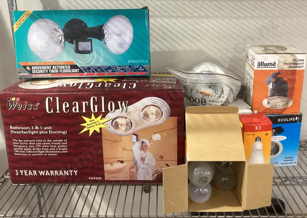 Lot of Arlec Twin Floodlight, Weiss ClearGlow Bathroom 3in1 Unit, Assorted Downlights & Light Bulbs Image 1++