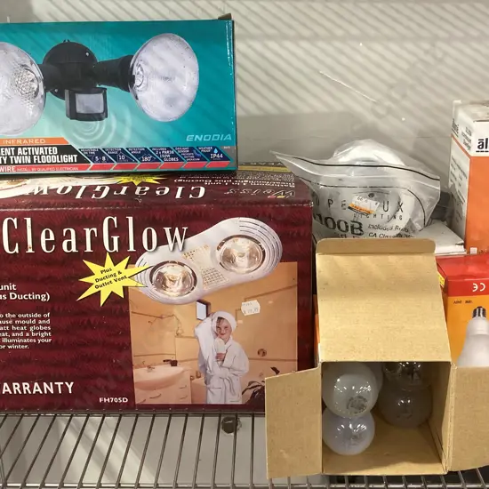 Lot of Arlec Twin Floodlight, Weiss ClearGlow Bathroom 3in1 Unit, Assorted Downlights & Light Bulbs