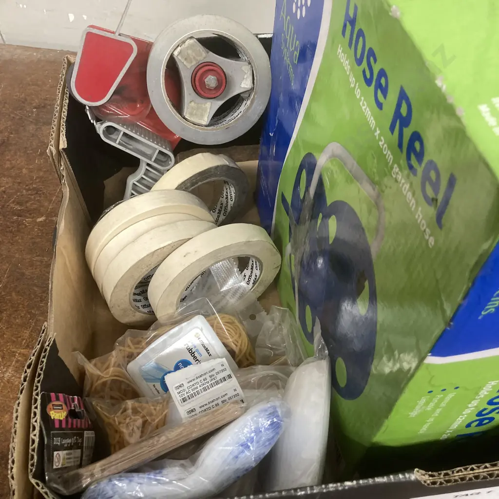 Box Lot Hose Reel, Tapes, Tape Dispenser, Packets Of Rubber Bands Etc Image 1++