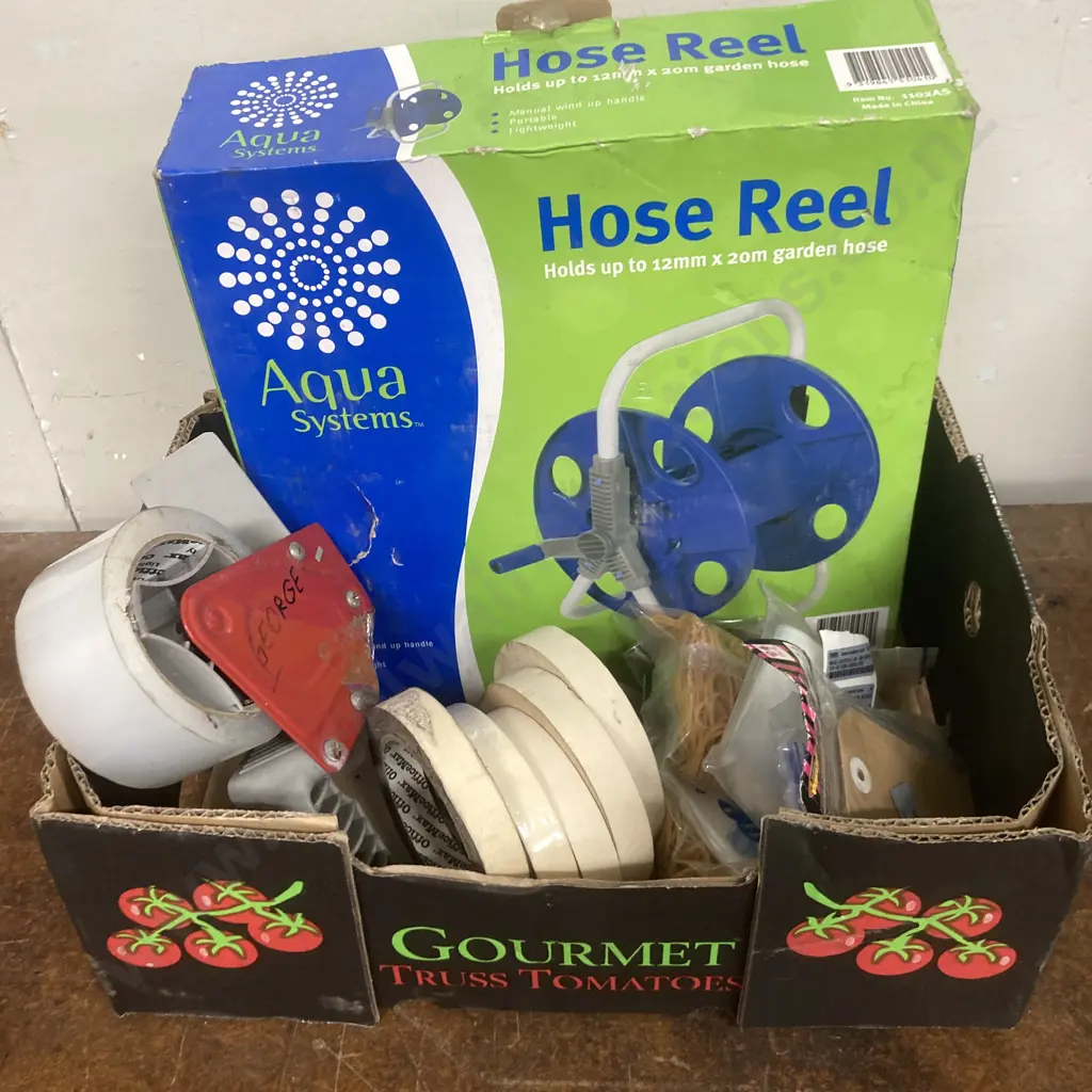 Box Lot Hose Reel, Tapes, Tape Dispenser, Packets Of Rubber Bands Etc Image 1++