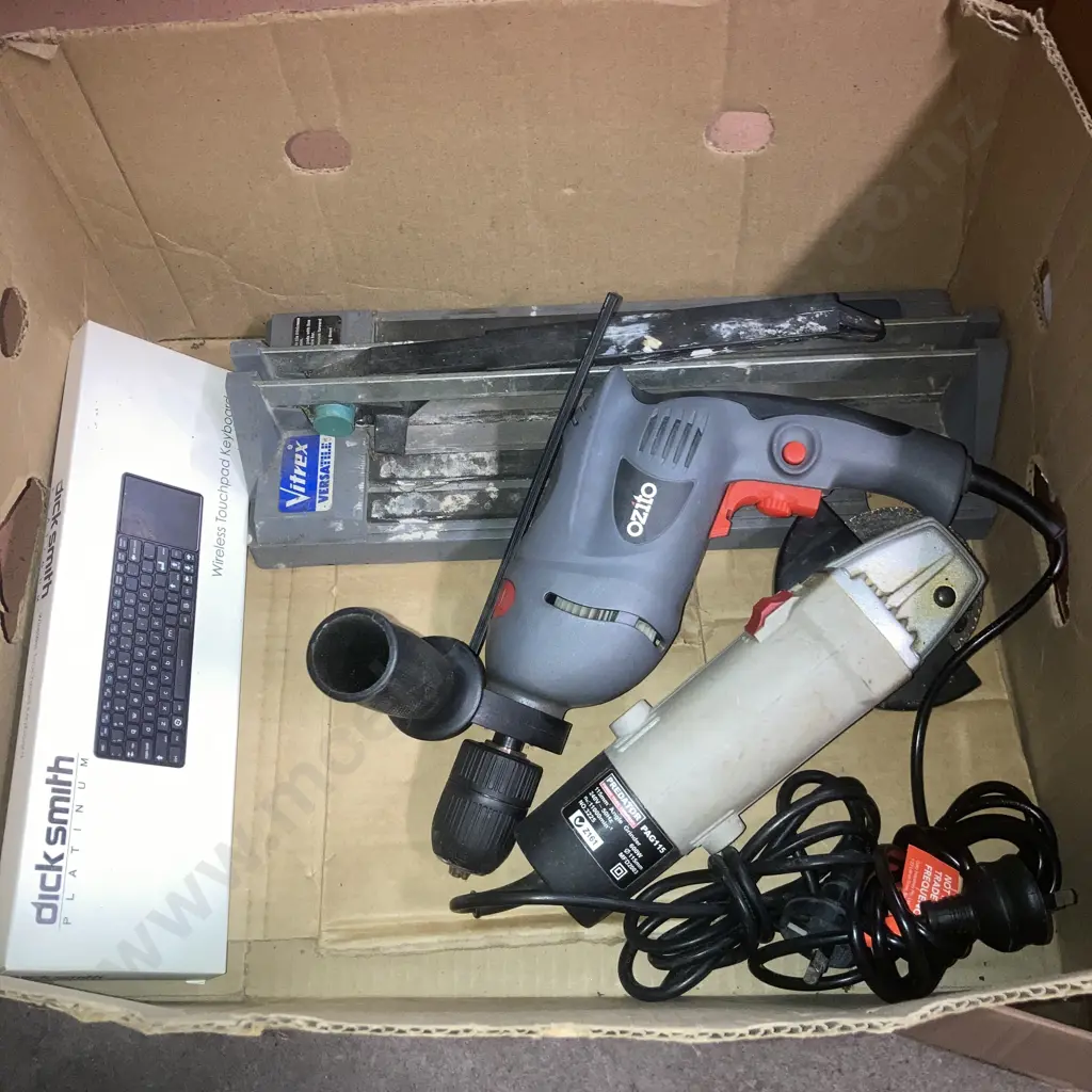 Box Lot Tile Cutter,115mm Angle Grinder, 13mm Hammer Drill, Dick Smith Wireless Keyboard Image 1++