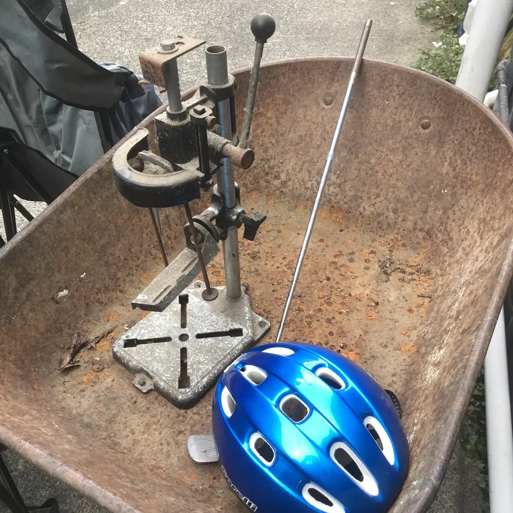 Vintage Wheelbarrow, Drill Press, Bike Helmet, Folding Chairs, Golf Club Image 1++