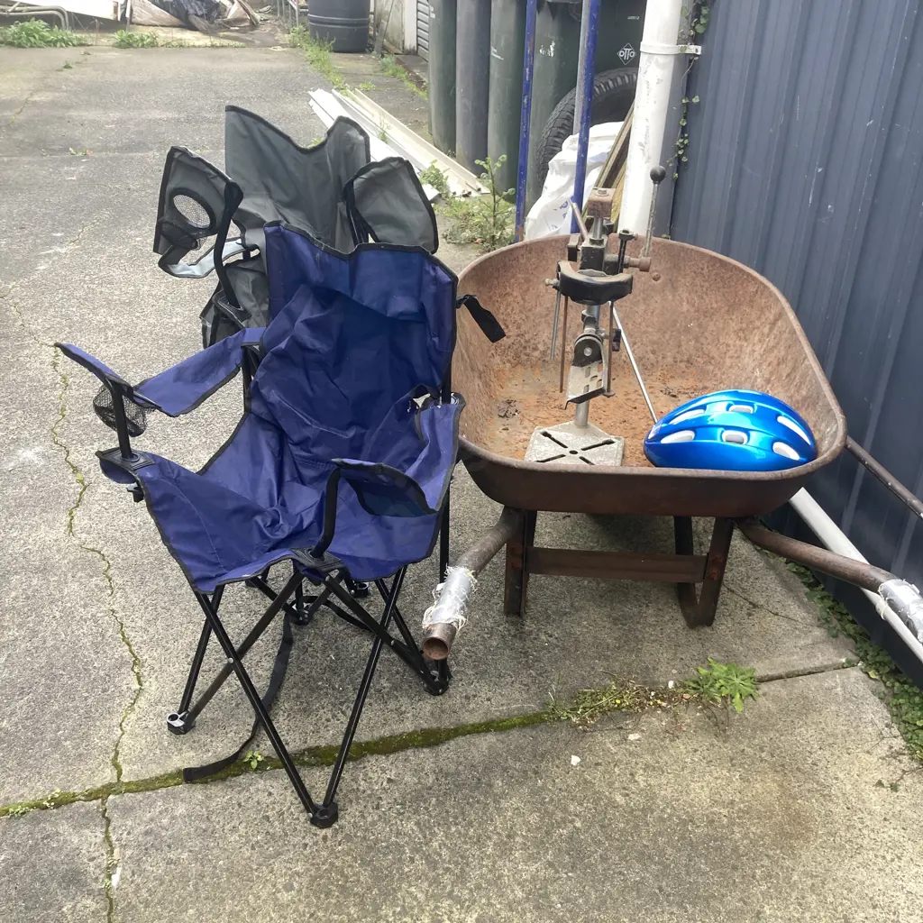 Vintage Wheelbarrow, Drill Press, Bike Helmet, Folding Chairs, Golf Club Image 1++