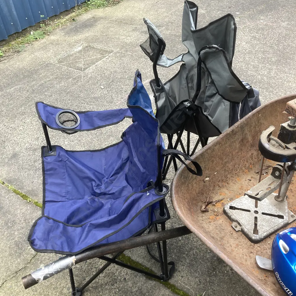 Vintage Wheelbarrow, Drill Press, Bike Helmet, Folding Chairs, Golf Club Image 1++