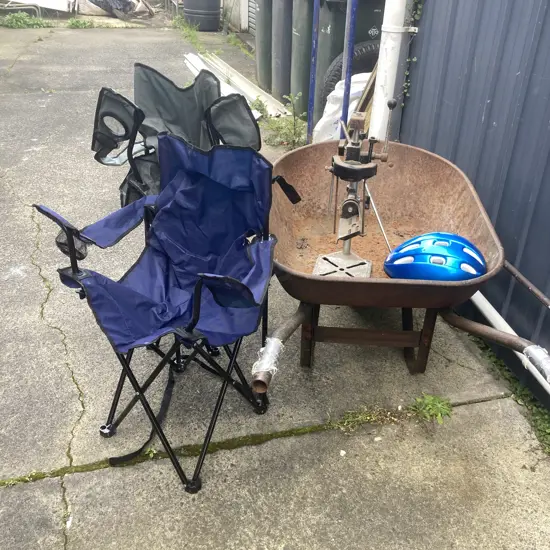 Vintage Wheelbarrow, Drill Press, Bike Helmet, Folding Chairs, Golf Club