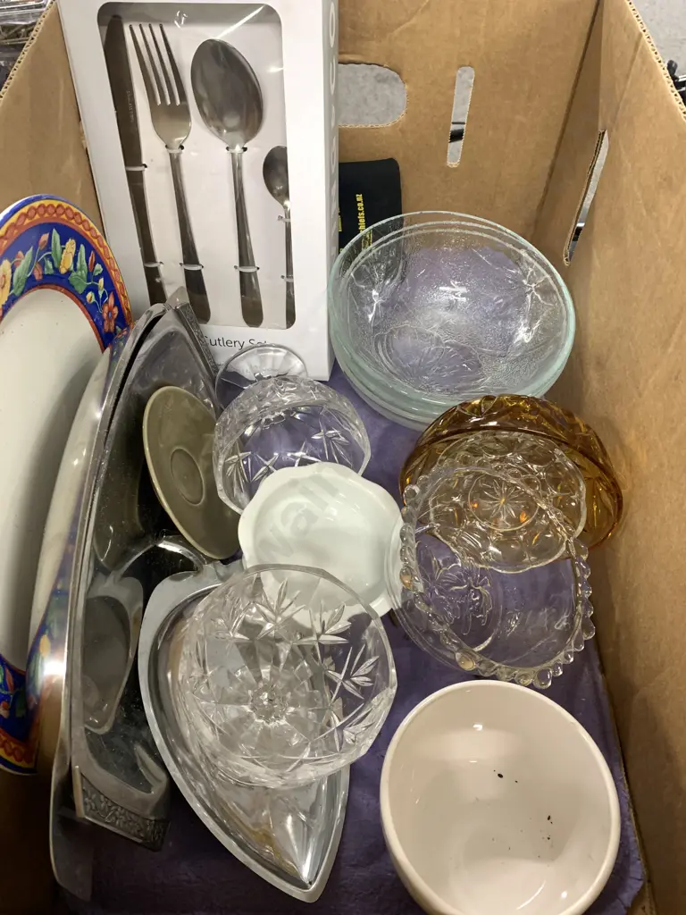 Box Lot 16Pce Cutlery Set, Glassware, Crockery Etc Image 1++