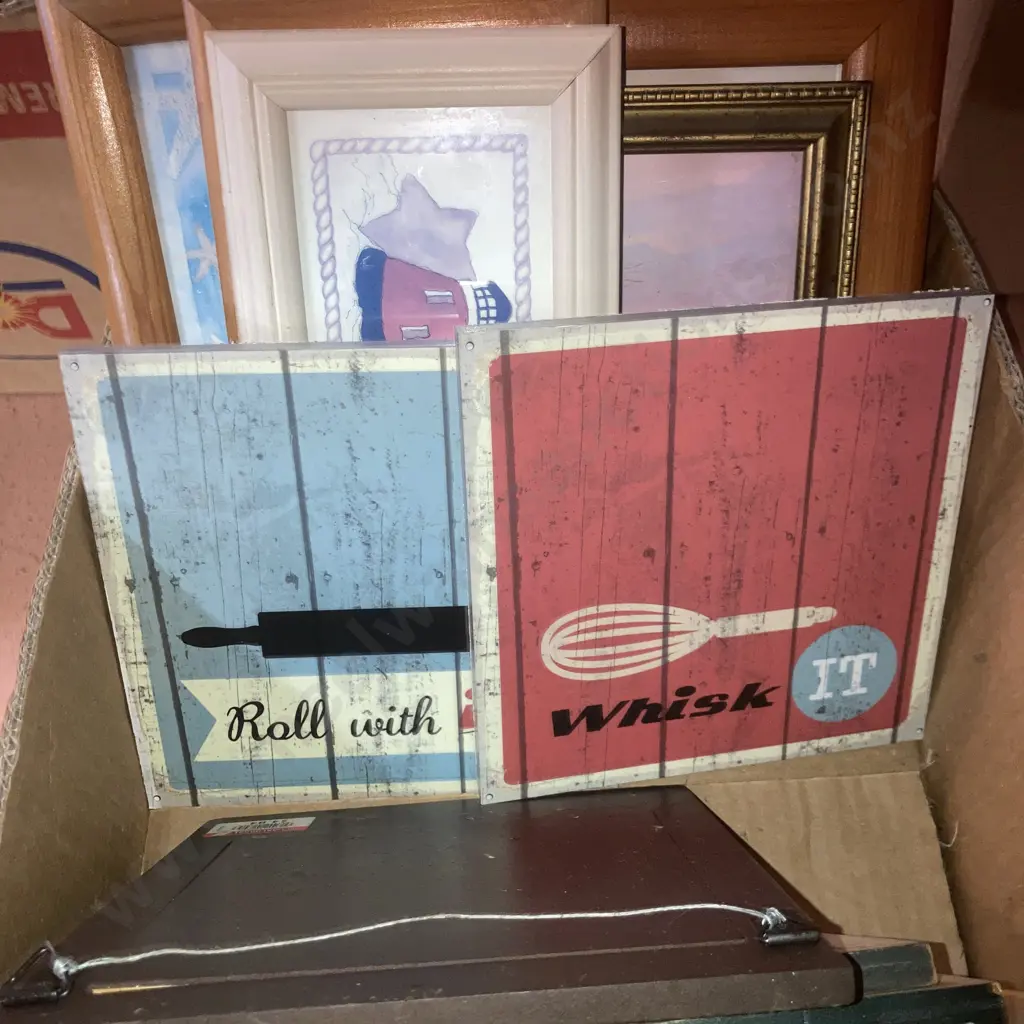 Box Lot Assorted Small Wall Plaques, (Teapots, Garden Topiary Etc) Espresso Key Hook, Set of Flower Pictures Etc Image 1++