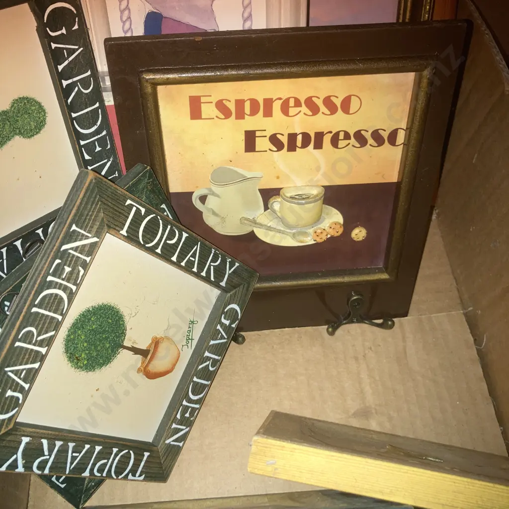 Box Lot Assorted Small Wall Plaques, (Teapots, Garden Topiary Etc) Espresso Key Hook, Set of Flower Pictures Etc Image 1++