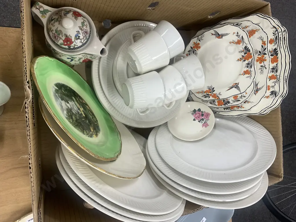 Box Lot Of Assorted Crockery, Platters, Teapot Etc Includes Crown Lynn, J&G Meakin Etc Image 1++