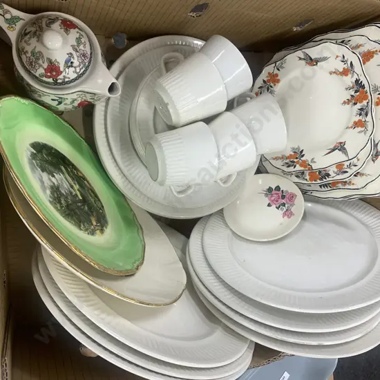 Box Lot Of Assorted Crockery, Platters, Teapot Etc Includes Crown Lynn, J&G Meakin Etc