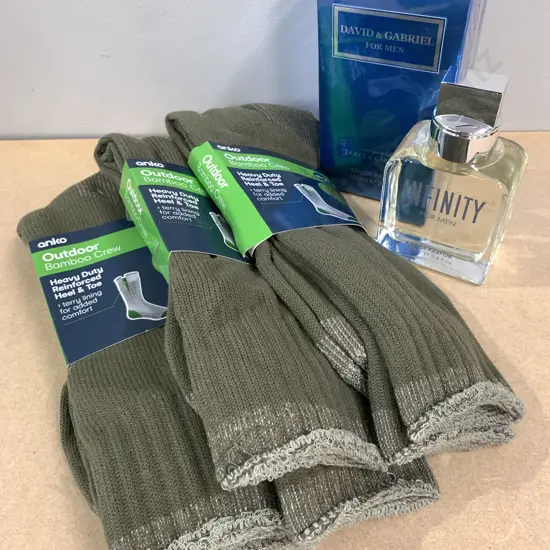 David & Gabriel For Men Eau De Parfum 100mls, Infinity For Men 100mls, Anko Outdoor Bamboo Crew Socks 11-14