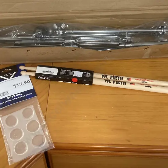 New Mapex B200 Cymbal Boom Stand, Vater Buzz Kill Head Dampeners, Vic Firth Hickory American Classic Metal Drum Sticks