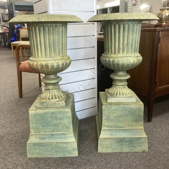 Pair of Cast Iron Classical Style Garden Urns On Plinths, Italian Verdigris, 60 x 48cm on 35 x 36 x 36 Plinth, 56.1Kg