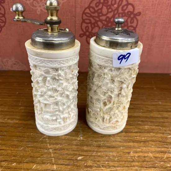 Pair of Chinese Hand Carved Ivory/Bone ? Salt & Pepper Shakers, H13cm