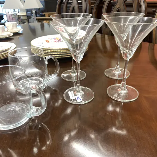 Set of 4 Martini Glasses & Pair of Etched Glass Handles