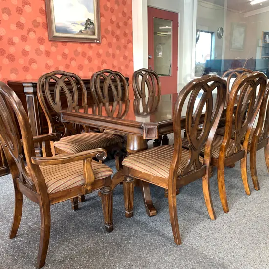 Ex Harvey Norman Formal Solid Wood Dining Suite Table & Eight Chairs Including Two Carvers 