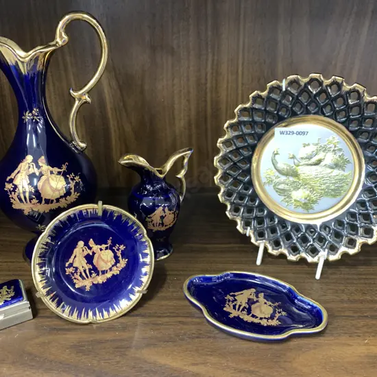 Assortment of Limoge Items, Navy Blue With Gilding & Chokin Art 24 Kt Gold Plate