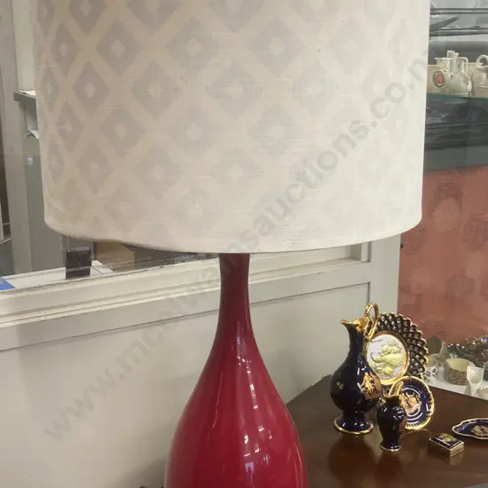 Table Lamp, Burgundy Base With Cream / Black Round Shade, H71cm