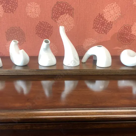 Japanese Ornamental White Vases On Wooden Plinth