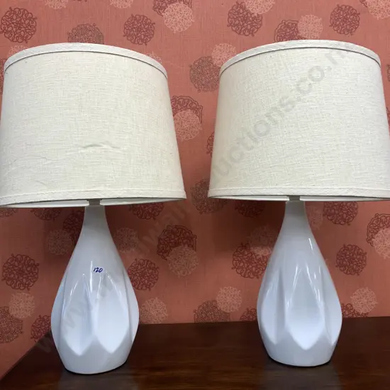 Pair of Table Lamps, White Base With Sand Colour Shades, H57cm