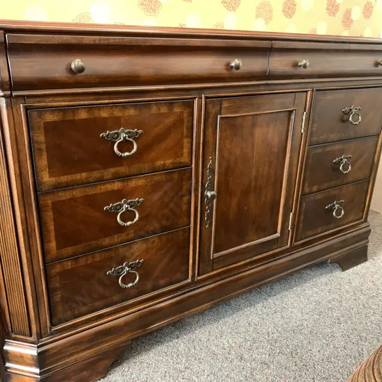 Ex Harvey Norman Solid Wood Buffet Unit / Sideboard Dark Brown Finish Eight Drawer One Door H92cm,W150cm,D46cm.