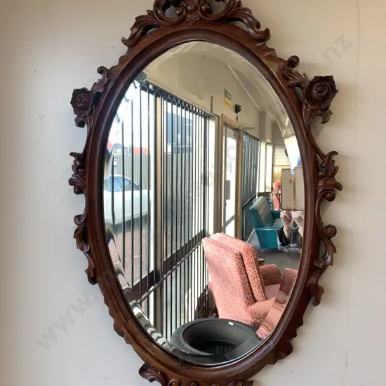 Wooden Ornate Oval Bevelled Edged Mirror H92cm,W54cm.