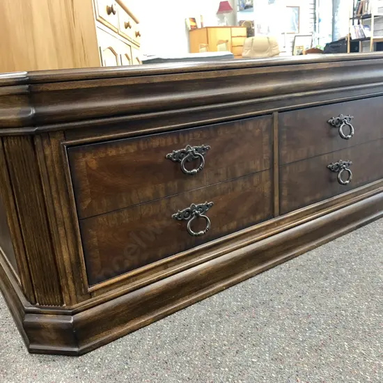 Ex Harvey Norman Solid Coffee Table / Ottoman Solid Wood Dark Brown Finish Two Drawer Ornate Handles H51cm,L122cm,W67cm.