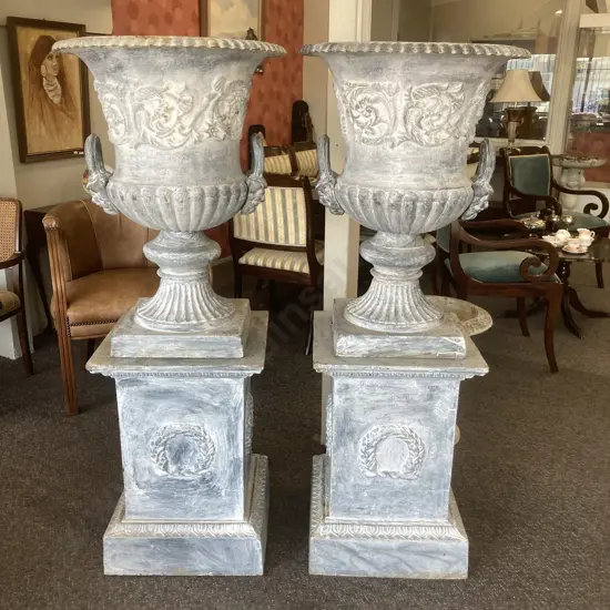 Pair of Cast Iron Ornate Double Handled Garden Urns On Plinths, Lead Finish, 77.5 x 56cm on 63 x 44 x 44cm Plinth, 144Kg