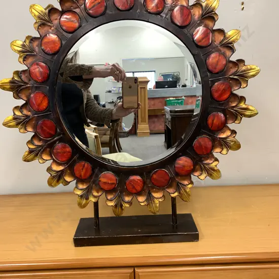 Decorative Round Bevelled Edge Mirror Red/Gold Tones H70cm,W64cm.