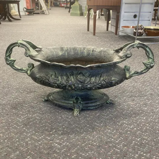 Cast Iron Ornate Oval Footed Double Handle Planter, Dark Green, H26.5 W56 D25cm, 15Kg