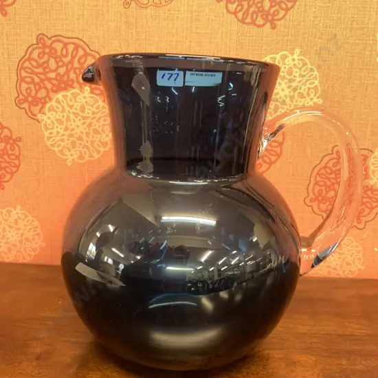 Art Glass Blue Pitcher With Clear Glass Handle, Hand Blown, H22cm