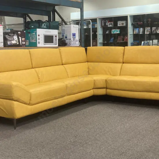 Julius 4 Seater Fabric Corner Lounge Suite with Chaise Ex Harvey Norman, Yellow Smooth Leather Look (RRP$5299)