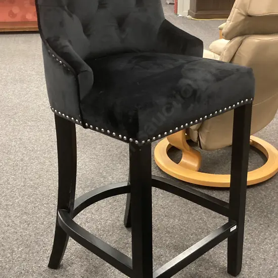 Design Republique Harvey Bar Stool, Black Velvet, Door Knocker & Stud Detail, H112 W51 D56cm