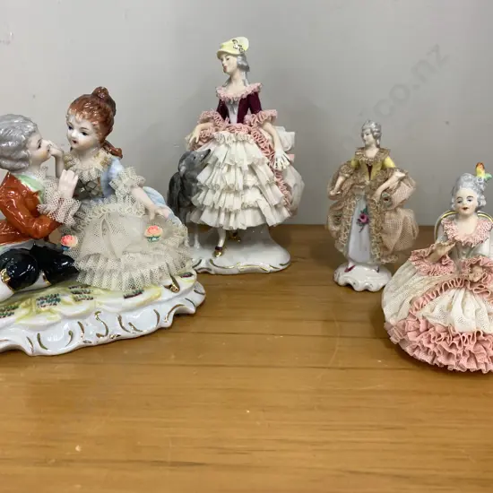 Assortment Of Vintage German Dresden Lace Style Fiqurines With Couples Sitting Fiqurine