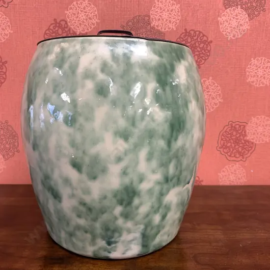 Stoneware Jar / Pot, Green & Cream Tones