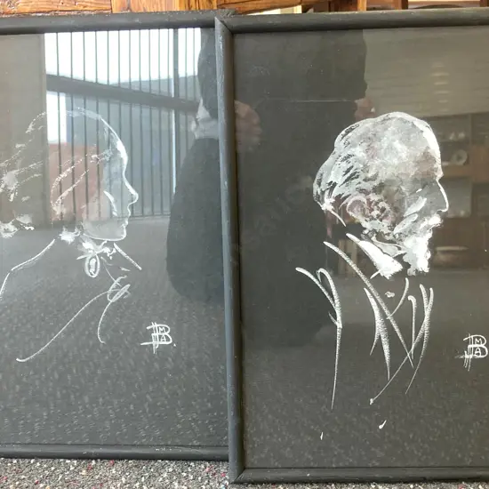 Framed Artwork Black & White Portraits Signed By Artists, 1 x Joseph Surgeon, 1 x Charlotte Lelper, 38 x 27cm
