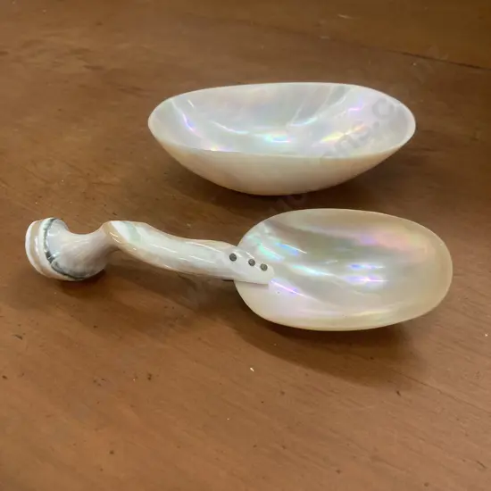 Antique Mother of Pearl & Conch Seashell Twisted Handle Caviar Spoon & Dish, L18.5 & 13.5cm