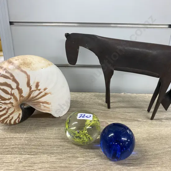 Assortment of Ornaments Including Shell, Cow, Paperweights