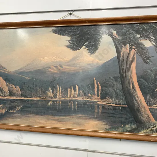 Large Vintage Framed Artwork By Stella Brown Boyd, Mountain & Lake Scene, H57cm