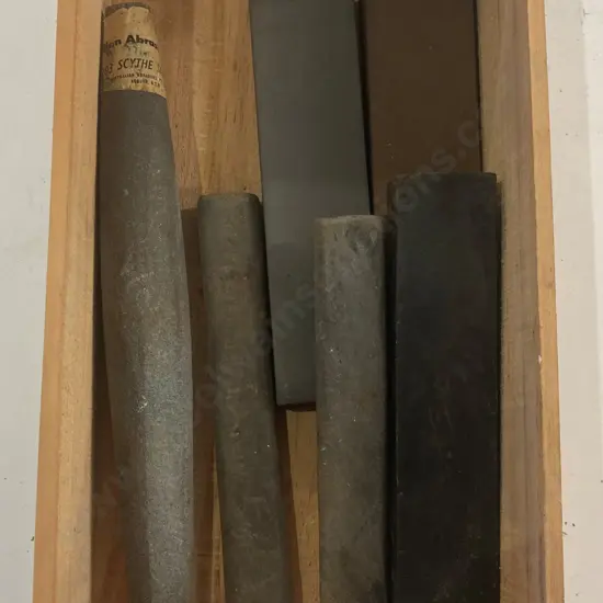 Wooden Box & Six Assorted Sharpening Stones
