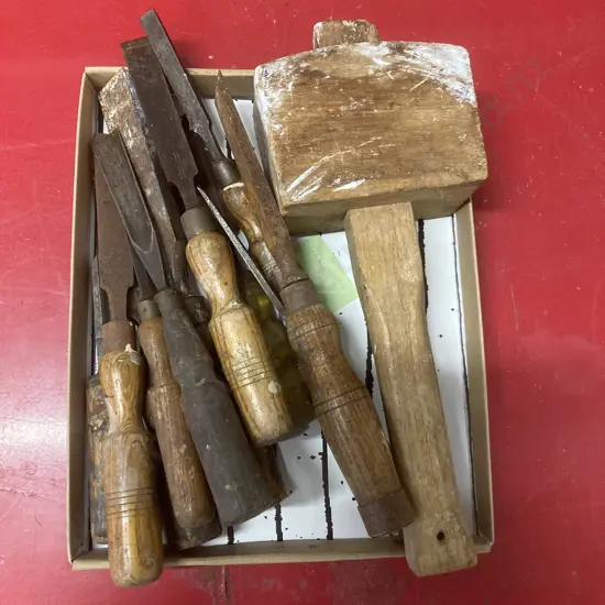 Box Lot Wood Chisels & Wooden Mallet