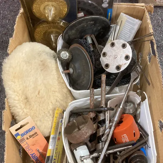 Box Lot Drill Bits, Augers, Hole Saws, Wire Wheels Etc