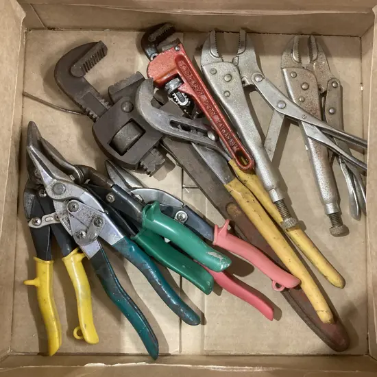 Box Lot Pipe Wrenches, Vice Grips, Tin Snips, Multi Wrench
